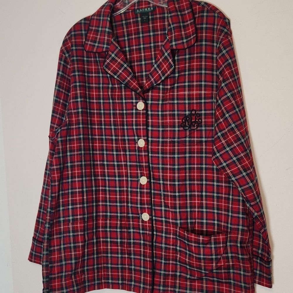 Lauren Ralph Lauren Tartan Plaid Button Up Pajama Top sz L Womens